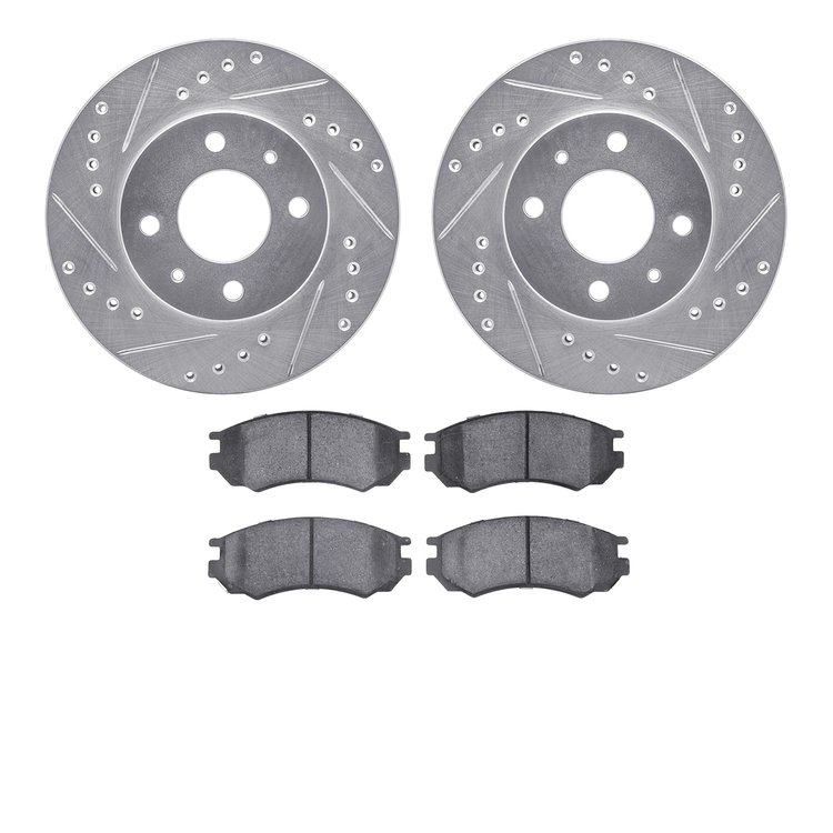 7302-67068 Drilled/Slotted Brake Rotor with 3000-Series Ceramic Brake Pads Kit [Silver], 1996-2000 Infiniti/Nissan, Position: Fr