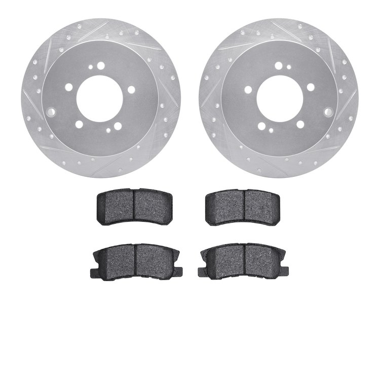 7302-72075 Drilled/Slotted Brake Rotor with 3000-Series Ceramic Brake Pads Kit [Silver], 2007-2015 Mitsubishi, Position: Rear