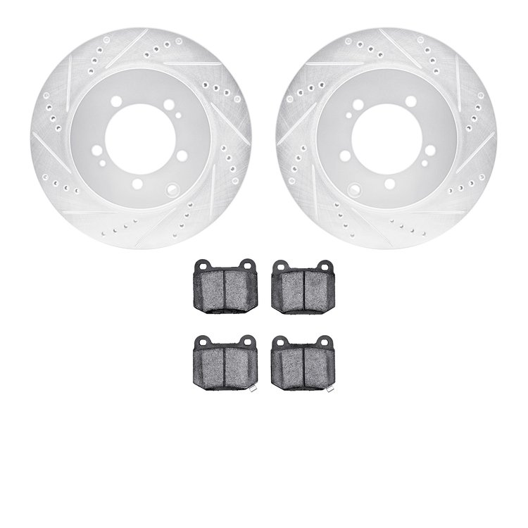7302-72079 Drilled/Slotted Brake Rotor with 3000-Series Ceramic Brake Pads Kit [Silver], 2003-2006 Mitsubishi, Position: Rear