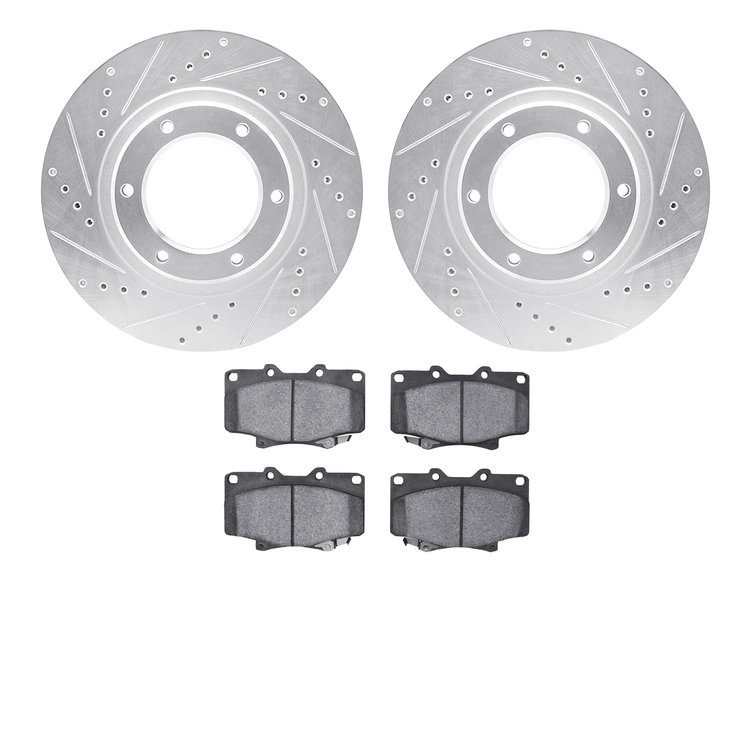7302-76087 Drilled/Slotted Brake Rotor with 3000-Series Ceramic Brake Pads Kit [Silver], 1993-1997 Lexus/Toyota/Scion, Position: