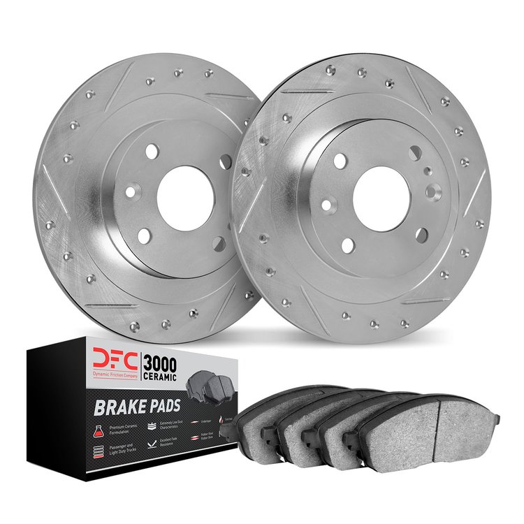7302-92057 Drilled/Slotted Brake Rotor with 3000-Series Ceramic Brake Pads Kit [Silver], 2013-2017 Suzuki, Position: Rear