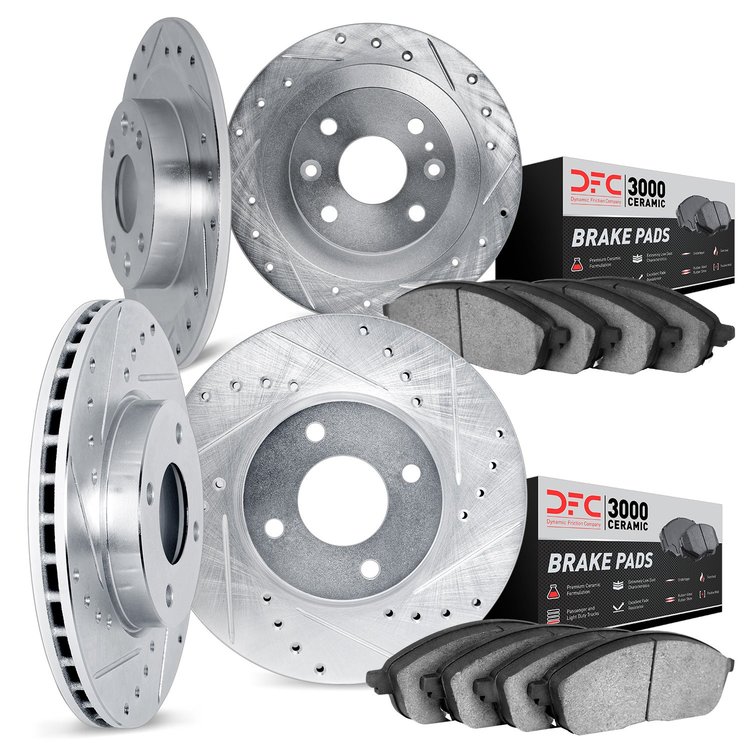 7304-27001 Drilled/Slotted Brake Rotor with 3000-Series Ceramic Brake Pads Kit [Silver], 2000-2004 Volvo, Position: Front and Re