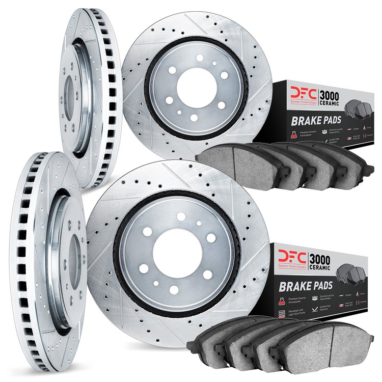 7304-48031 Drilled/Slotted Brake Rotor with 3000-Series Ceramic Brake Pads Kit [Silver], 2007-2014 GM, Position: Front and Rear
