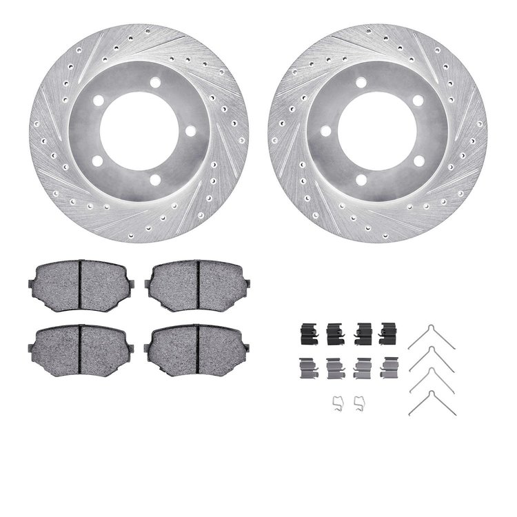 7312-01008 Drilled/Slotted Brake Rotor with 3000-Series Ceramic Brake Pads Kit & Hardware [Silver], 1996-1998 Suzuki, Position: 