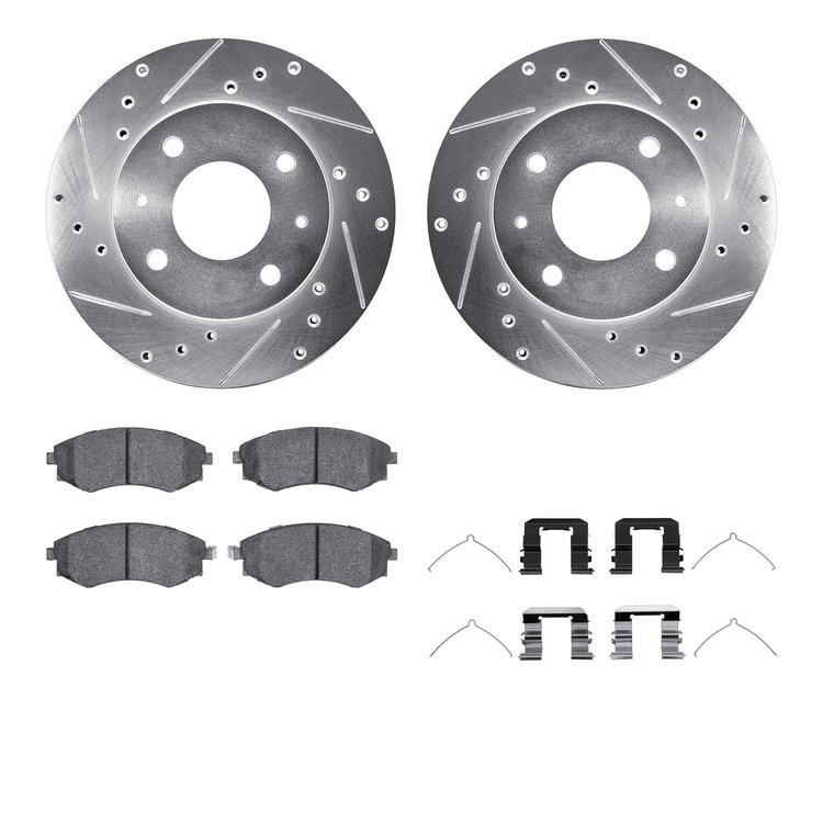 7312-03013 Drilled/Slotted Brake Rotor with 3000-Series Ceramic Brake Pads Kit & Hardware [Silver], 1989-1998 Kia/Hyundai/Genesi
