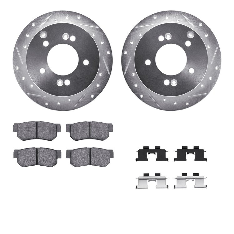 7312-03017 Drilled/Slotted Brake Rotor with 3000-Series Ceramic Brake Pads Kit & Hardware [Silver], 2001-2010 Kia/Hyundai/Genesi