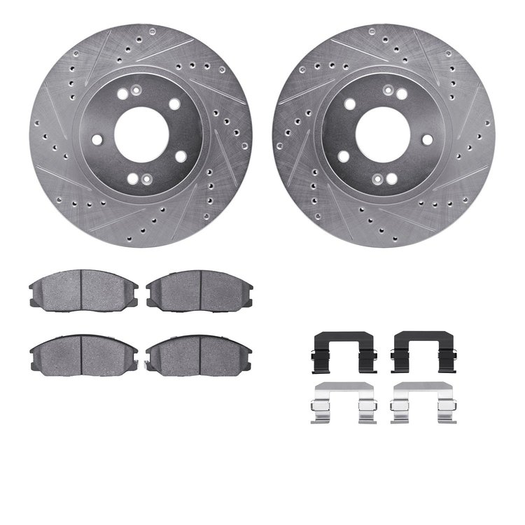 7312-03023 Drilled/Slotted Brake Rotor with 3000-Series Ceramic Brake Pads Kit & Hardware [Silver], 2001-2006 Kia/Hyundai/Genesi