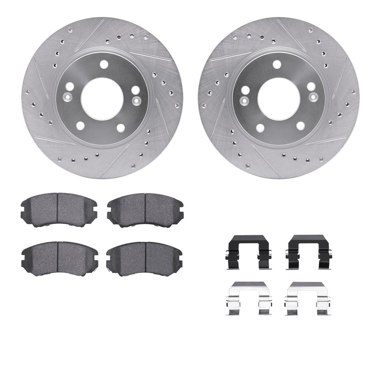 7312-03027 Drilled/Slotted Brake Rotor with 3000-Series Ceramic Brake Pads Kit & Hardware [Silver], 2007-2010 Kia/Hyundai/Genesi