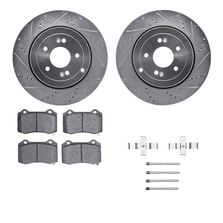 7312-03029 Drilled/Slotted Brake Rotor with 3000-Series Ceramic Brake Pads Kit & Hardware [Silver], 2010-2016 Kia/Hyundai/Genesi