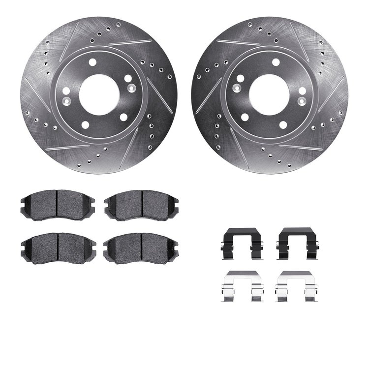 7312-03030 Drilled/Slotted Brake Rotor with 3000-Series Ceramic Brake Pads Kit & Hardware [Silver], 2004-2006 Kia/Hyundai/Genesi
