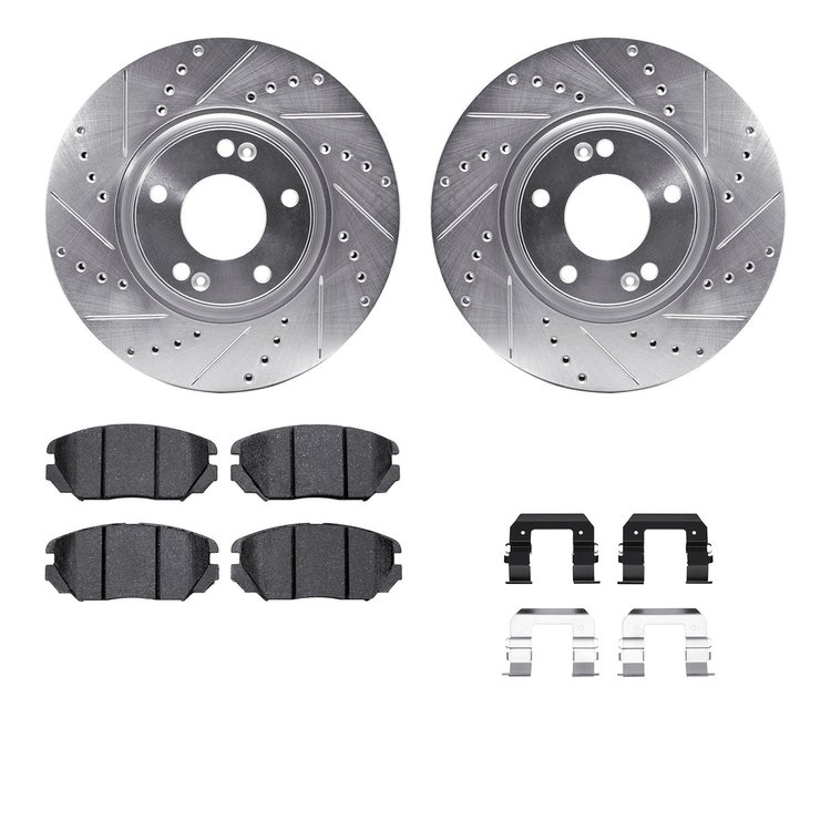 7312-03032 Drilled/Slotted Brake Rotor with 3000-Series Ceramic Brake Pads Kit & Hardware [Silver], 2006-2011 Kia/Hyundai/Genesi
