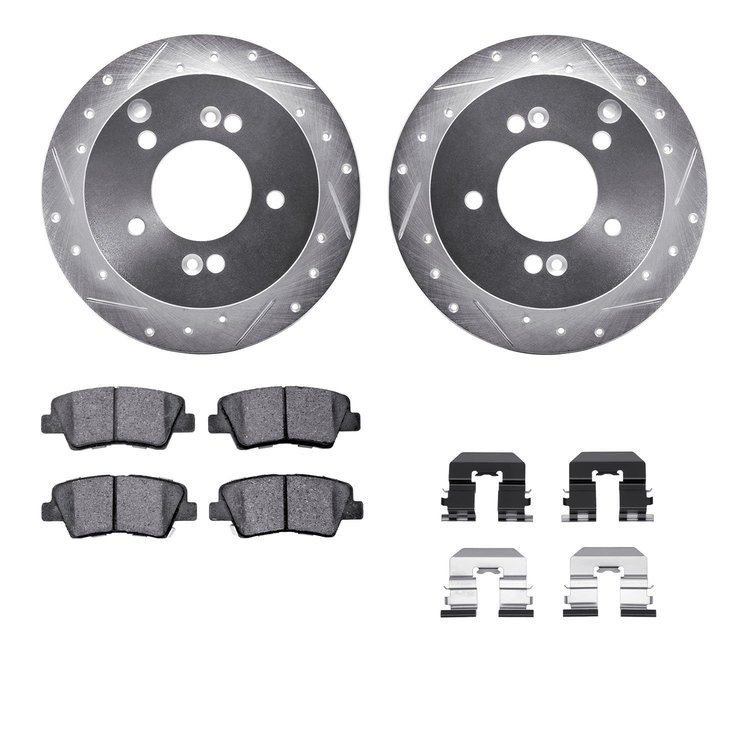 7312-03052 Drilled/Slotted Brake Rotor with 3000-Series Ceramic Brake Pads Kit & Hardware [Silver], 2008-2010 Kia/Hyundai/Genesi