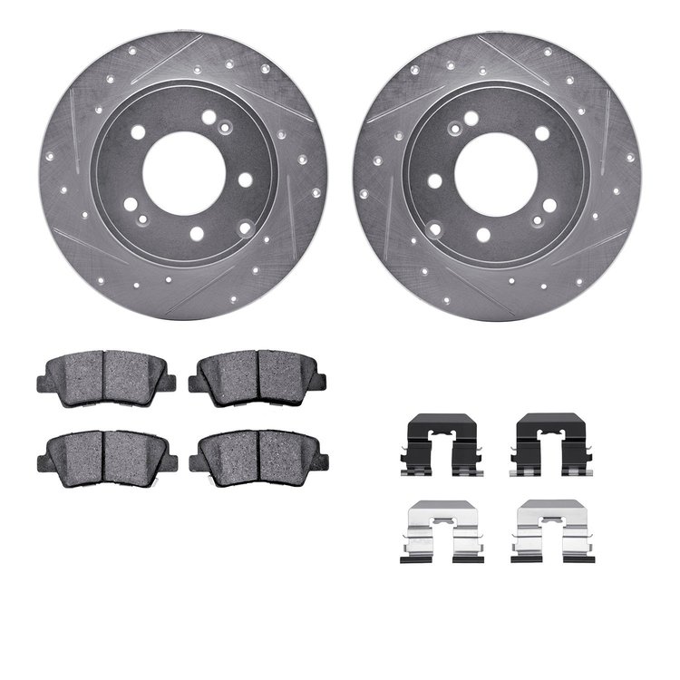 7312-03053 Drilled/Slotted Brake Rotor with 3000-Series Ceramic Brake Pads Kit & Hardware [Silver], 2008-2011 Kia/Hyundai/Genesi