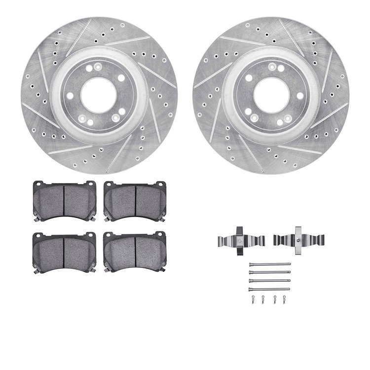 7312-03057 Drilled/Slotted Brake Rotor with 3000-Series Ceramic Brake Pads Kit & Hardware [Silver], 2009-2014 Kia/Hyundai/Genesi