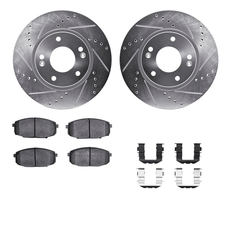 7312-03060 Drilled/Slotted Brake Rotor with 3000-Series Ceramic Brake Pads Kit & Hardware [Silver], 2009-2012 Kia/Hyundai/Genesi