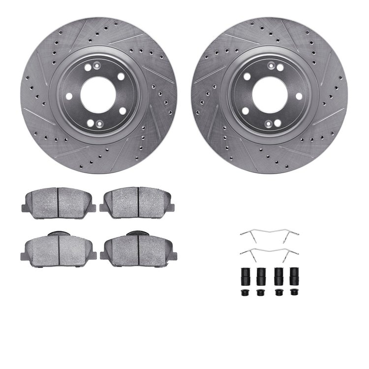 7312-03064 Drilled/Slotted Brake Rotor with 3000-Series Ceramic Brake Pads Kit & Hardware [Silver], 2010-2016 Kia/Hyundai/Genesi