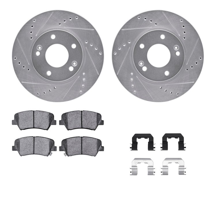 7312-03068 Drilled/Slotted Brake Rotor with 3000-Series Ceramic Brake Pads Kit & Hardware [Silver], 2011-2016 Kia/Hyundai/Genesi