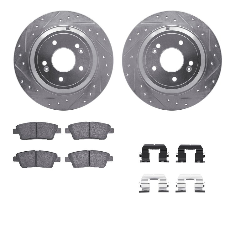 7312-03070 Drilled/Slotted Brake Rotor with 3000-Series Ceramic Brake Pads Kit & Hardware [Silver], 2010-2017 Kia/Hyundai/Genesi