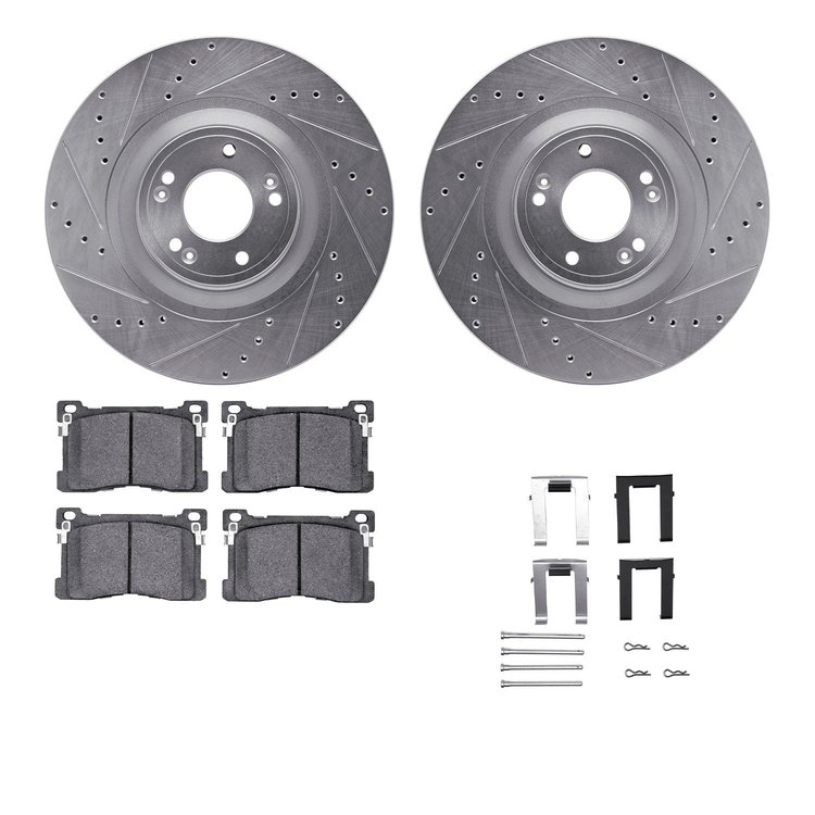 7312-03071 Drilled/Slotted Brake Rotor with 3000-Series Ceramic Brake Pads Kit & Hardware [Silver], 2012-2017 Kia/Hyundai/Genesi