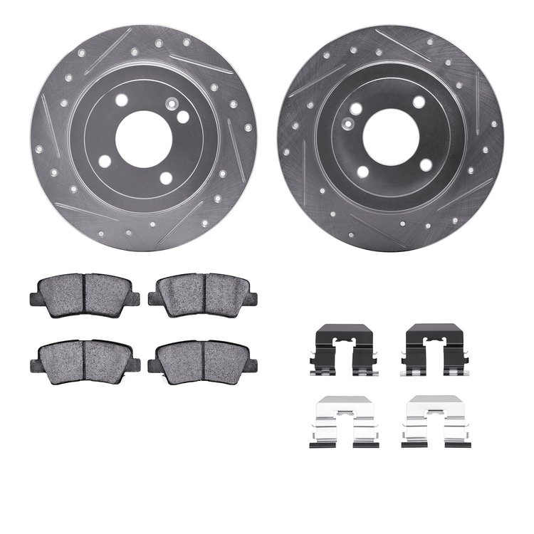 7312-03079 Drilled/Slotted Brake Rotor with 3000-Series Ceramic Brake Pads Kit & Hardware [Silver], 2013-2015 Mopar, Position: R