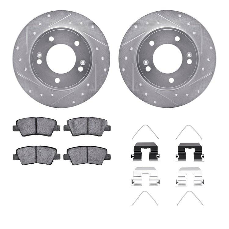 7312-03080 Drilled/Slotted Brake Rotor with 3000-Series Ceramic Brake Pads Kit & Hardware [Silver], Fits Select Kia/Hyundai/Gene