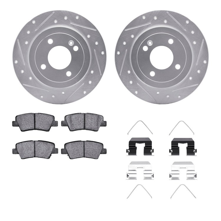 7312-03081 Drilled/Slotted Brake Rotor with 3000-Series Ceramic Brake Pads Kit & Hardware [Silver], Fits Select Kia/Hyundai/Gene