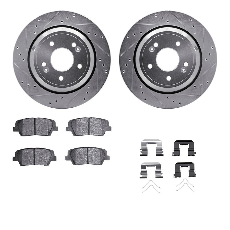 7312-03086 Drilled/Slotted Brake Rotor with 3000-Series Ceramic Brake Pads Kit & Hardware [Silver], 2011-2017 Kia/Hyundai/Genesi
