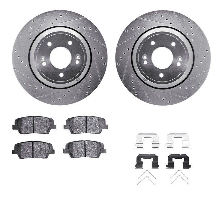 7312-03089 Drilled/Slotted Brake Rotor with 3000-Series Ceramic Brake Pads Kit & Hardware [Silver], Fits Select Kia/Hyundai/Gene