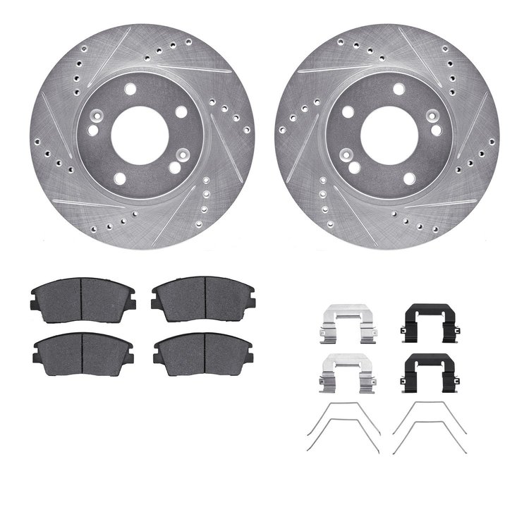 7312-03093 Drilled/Slotted Brake Rotor with 3000-Series Ceramic Brake Pads Kit & Hardware [Silver], Fits Select Kia/Hyundai/Gene