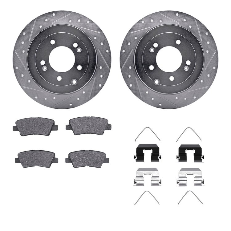 7312-03095 Drilled/Slotted Brake Rotor with 3000-Series Ceramic Brake Pads Kit & Hardware [Silver], Fits Select Kia/Hyundai/Gene