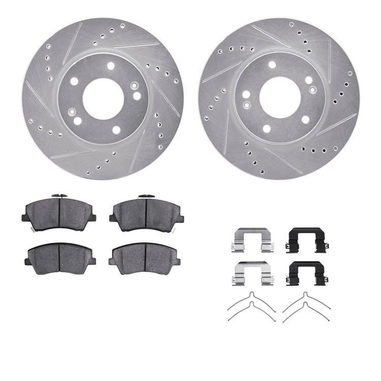 7312-03100 Drilled/Slotted Brake Rotor with 3000-Series Ceramic Brake Pads Kit & Hardware [Silver], Fits Select Kia/Hyundai/Gene