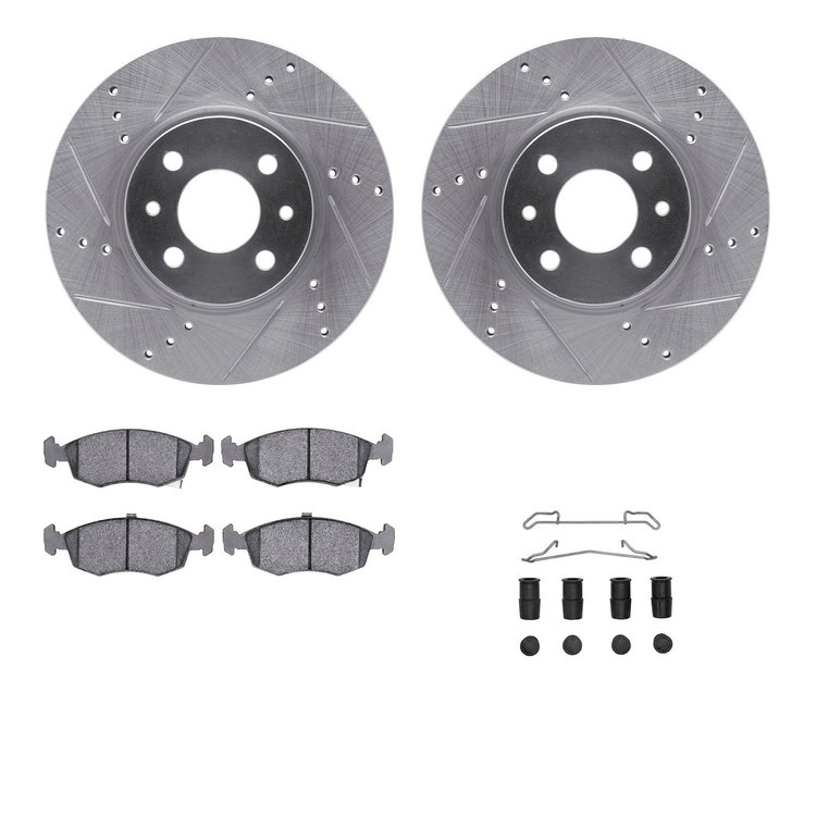 7312-07004 Drilled/Slotted Brake Rotor with 3000-Series Ceramic Brake Pads Kit & Hardware [Silver], 2012-2019 Mopar, Position: F