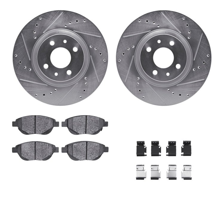 7312-07010 Drilled/Slotted Brake Rotor with 3000-Series Ceramic Brake Pads Kit & Hardware [Silver], 2012-2019 Mopar, Position: F