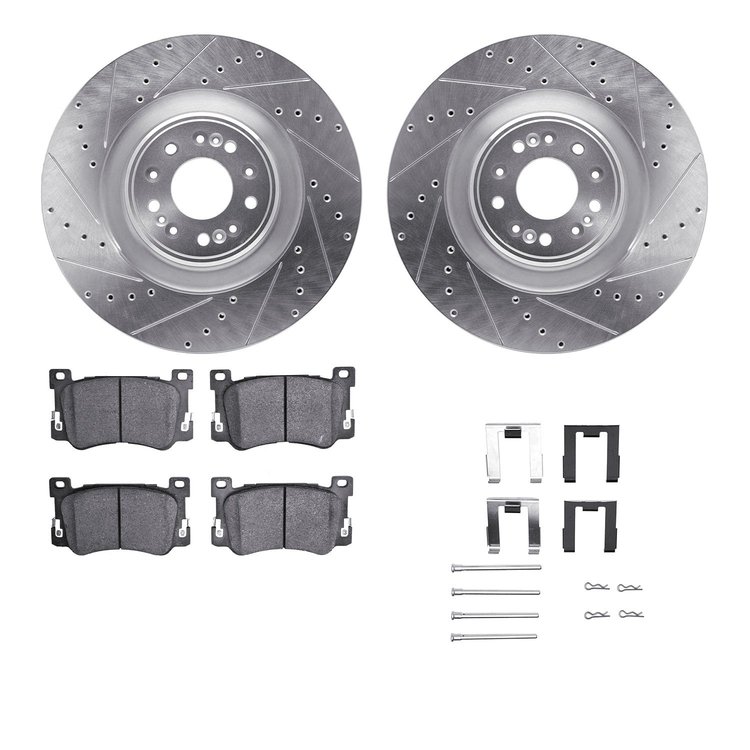 7312-10001 Drilled/Slotted Brake Rotor with 3000-Series Ceramic Brake Pads Kit & Hardware [Silver], Fits Select Kia/Hyundai/Gene