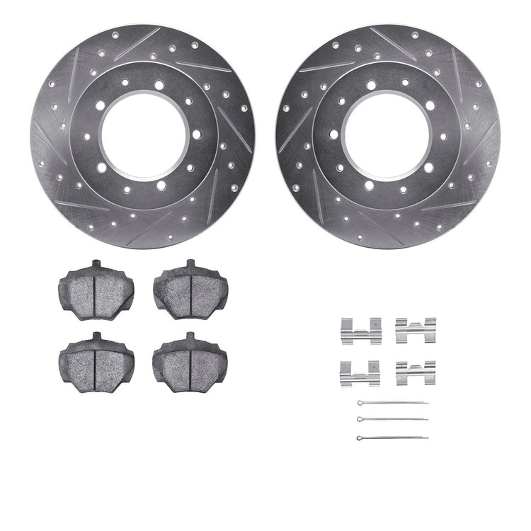 7312-11003 Drilled/Slotted Brake Rotor with 3000-Series Ceramic Brake Pads Kit & Hardware [Silver], 1974-2016 Land Rover, Positi
