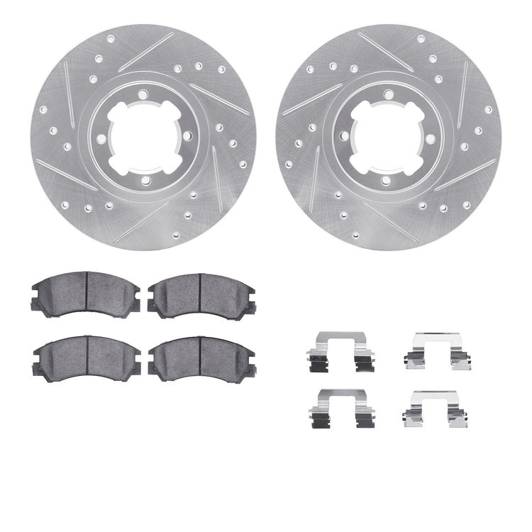 7312-13005 Drilled/Slotted Brake Rotor with 3000-Series Ceramic Brake Pads Kit & Hardware [Silver], 1985-1994 Subaru, Position: 