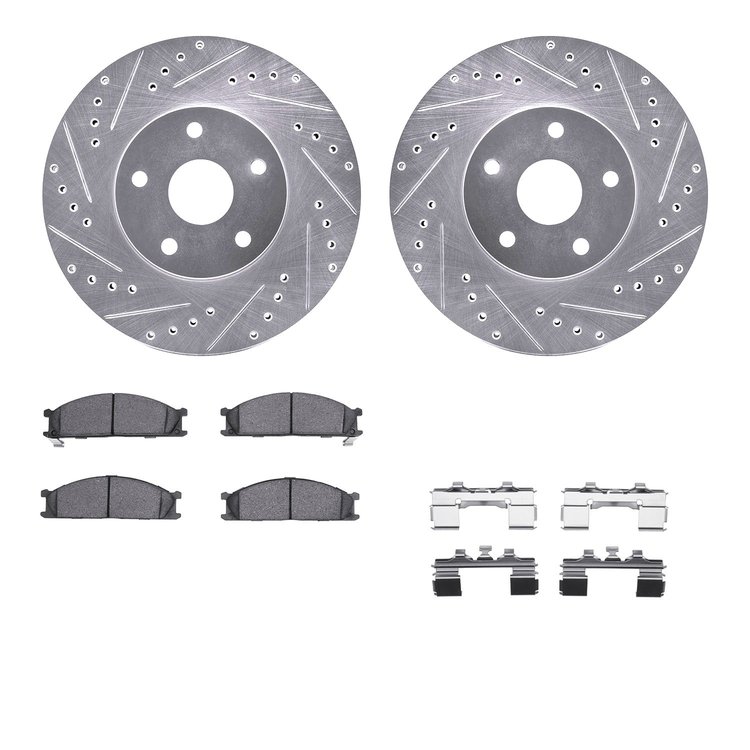 7312-13010 Drilled/Slotted Brake Rotor with 3000-Series Ceramic Brake Pads Kit & Hardware [Silver], 1992-1997 Subaru, Position: 