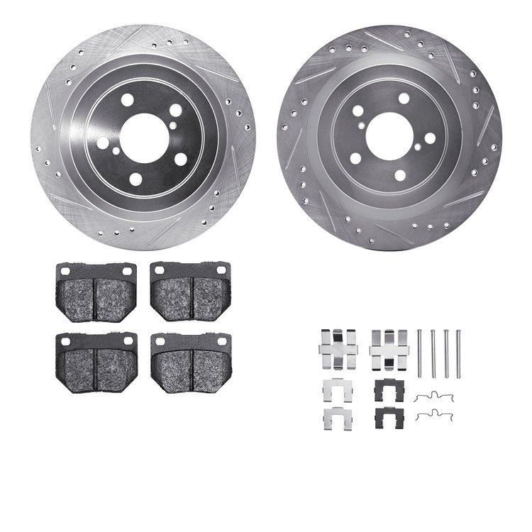 7312-13011 Drilled/Slotted Brake Rotor with 3000-Series Ceramic Brake Pads Kit & Hardware [Silver], 2006-2007 Subaru, Position: 
