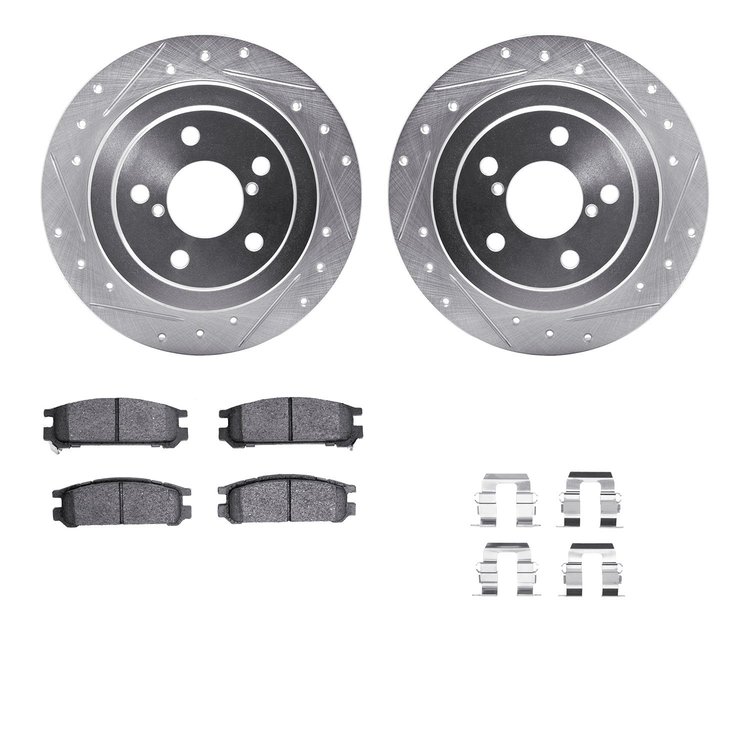 7312-13014 Drilled/Slotted Brake Rotor with 3000-Series Ceramic Brake Pads Kit & Hardware [Silver], 1990-1999 Subaru, Position: 
