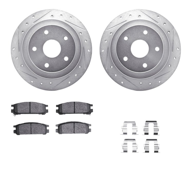 7312-13015 Drilled/Slotted Brake Rotor with 3000-Series Ceramic Brake Pads Kit & Hardware [Silver], 1992-1997 Subaru, Position: 
