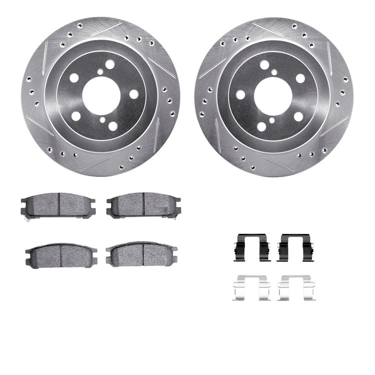 7312-13017 Drilled/Slotted Brake Rotor with 3000-Series Ceramic Brake Pads Kit & Hardware [Silver], 1990-1994 Subaru, Position: 