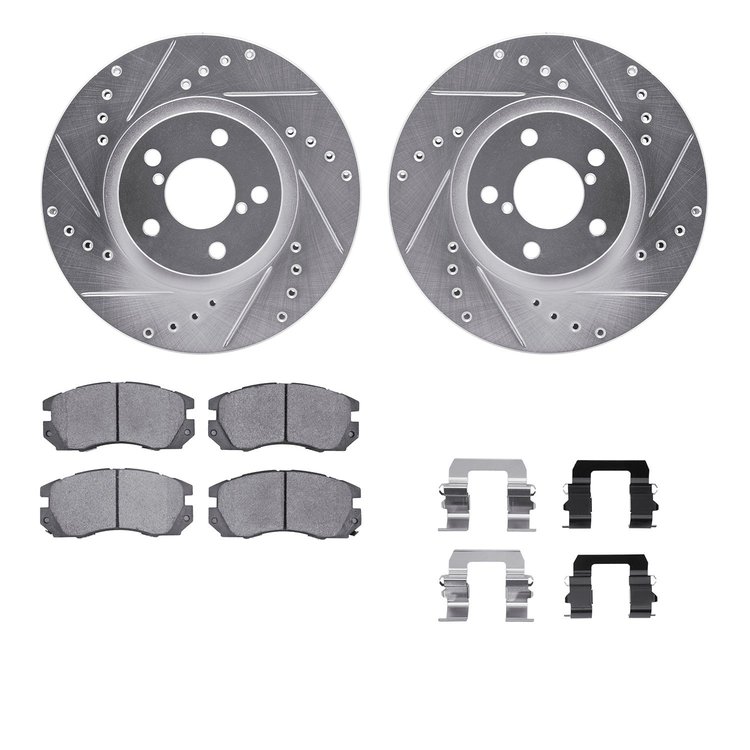 7312-13019 Drilled/Slotted Brake Rotor with 3000-Series Ceramic Brake Pads Kit & Hardware [Silver], 1990-1996 Subaru, Position: 