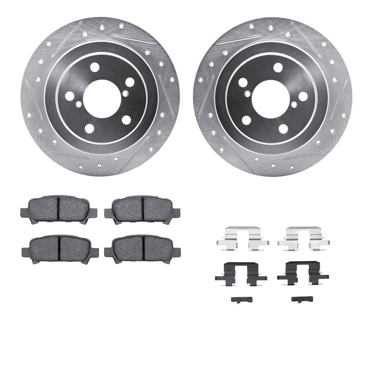 7312-13024 Drilled/Slotted Brake Rotor with 3000-Series Ceramic Brake Pads Kit & Hardware [Silver], 1998-2003 Subaru, Position: 