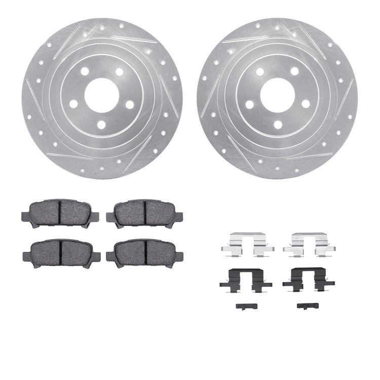 7312-13025 Drilled/Slotted Brake Rotor with 3000-Series Ceramic Brake Pads Kit & Hardware [Silver], 2000-2006 Subaru, Position: 