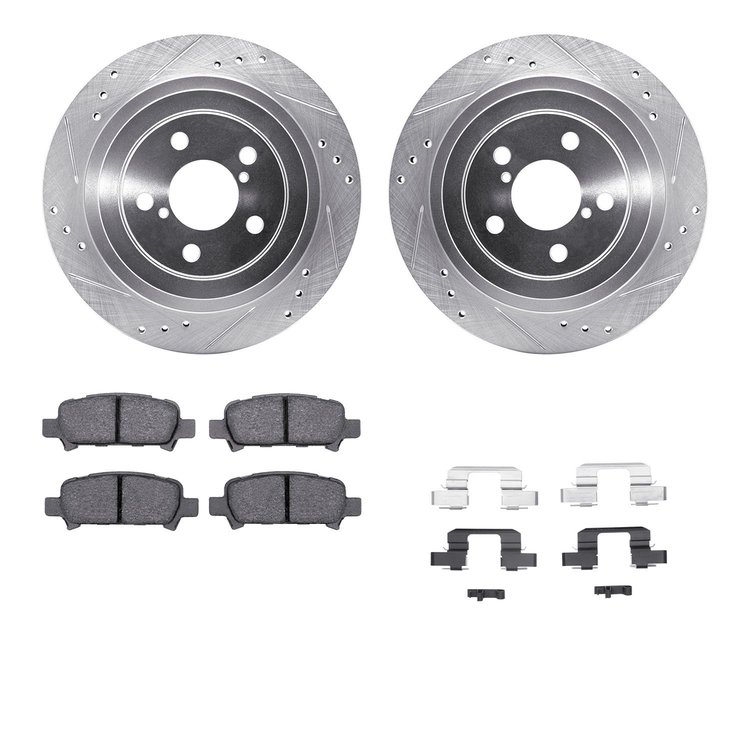 7312-13026 Drilled/Slotted Brake Rotor with 3000-Series Ceramic Brake Pads Kit & Hardware [Silver], 2005-2009 Subaru, Position: 