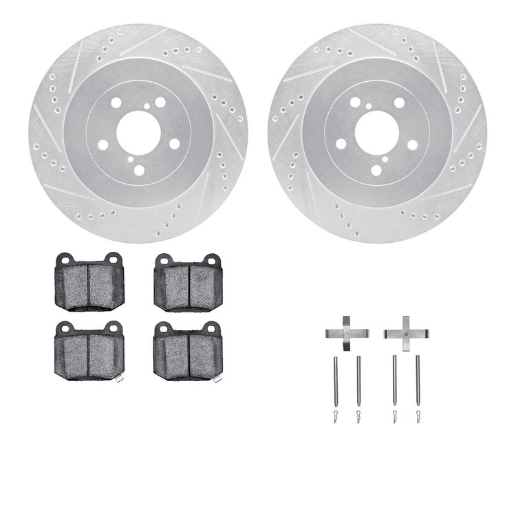 7312-13030 Drilled/Slotted Brake Rotor with 3000-Series Ceramic Brake Pads Kit & Hardware [Silver], 2003-2004 Subaru, Position: 
