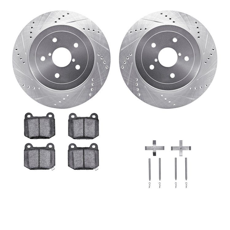 7312-13031 Drilled/Slotted Brake Rotor with 3000-Series Ceramic Brake Pads Kit & Hardware [Silver], 2005-2007 Subaru, Position: 