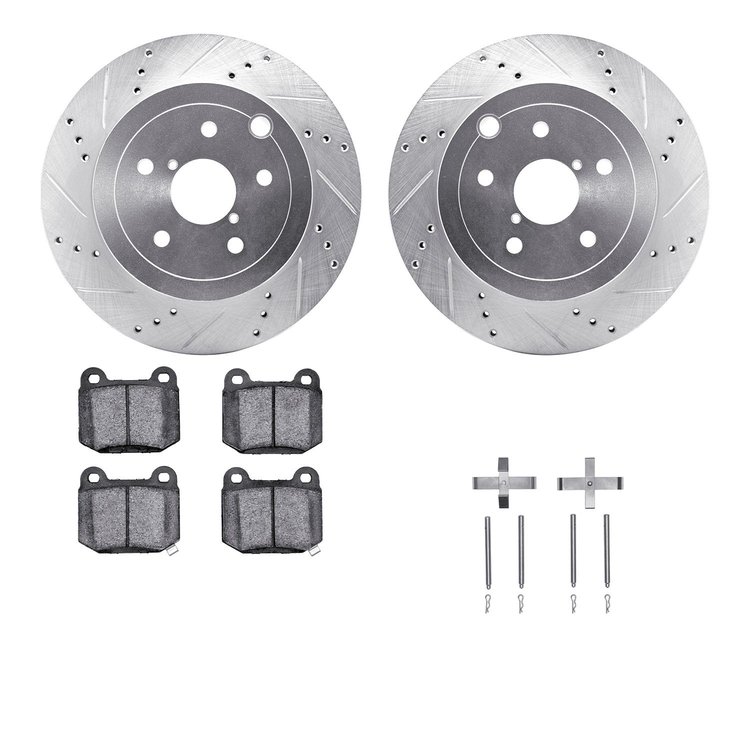 7312-13032 Drilled/Slotted Brake Rotor with 3000-Series Ceramic Brake Pads Kit & Hardware [Silver], 2008-2020 Subaru, Position: 
