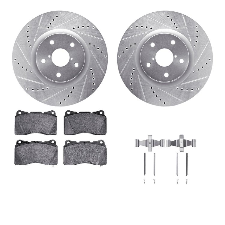 7312-13035 Drilled/Slotted Brake Rotor with 3000-Series Ceramic Brake Pads Kit & Hardware [Silver], 2005-2020 Subaru, Position: 