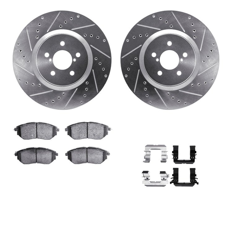7312-13037 Drilled/Slotted Brake Rotor with 3000-Series Ceramic Brake Pads Kit & Hardware [Silver], 2005-2018 Subaru, Position: 